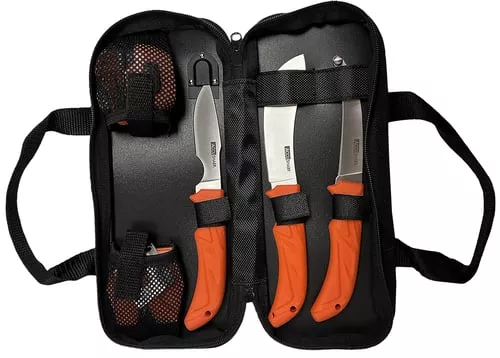 AccuSharp 738C Processing KitFixed Butcher/Caping/Gutting Plain Stainless Steel Blades/Blaze Orange Non-Slip Grip 6 Piece Includes Nylon Case