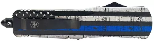 Templar Knife LBTB131 Gen II Back The Blue Large 3.50" OTF Dagger Plain Black Oxide Stonewashed 440C SS Blade, 5.25" Black & White w/Blue Line Aluminum Handle, Glass Breaker