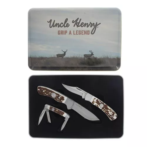 Uncle Henry Knife Combo with Tin 1 Fixed Knife 2 Folding Knives