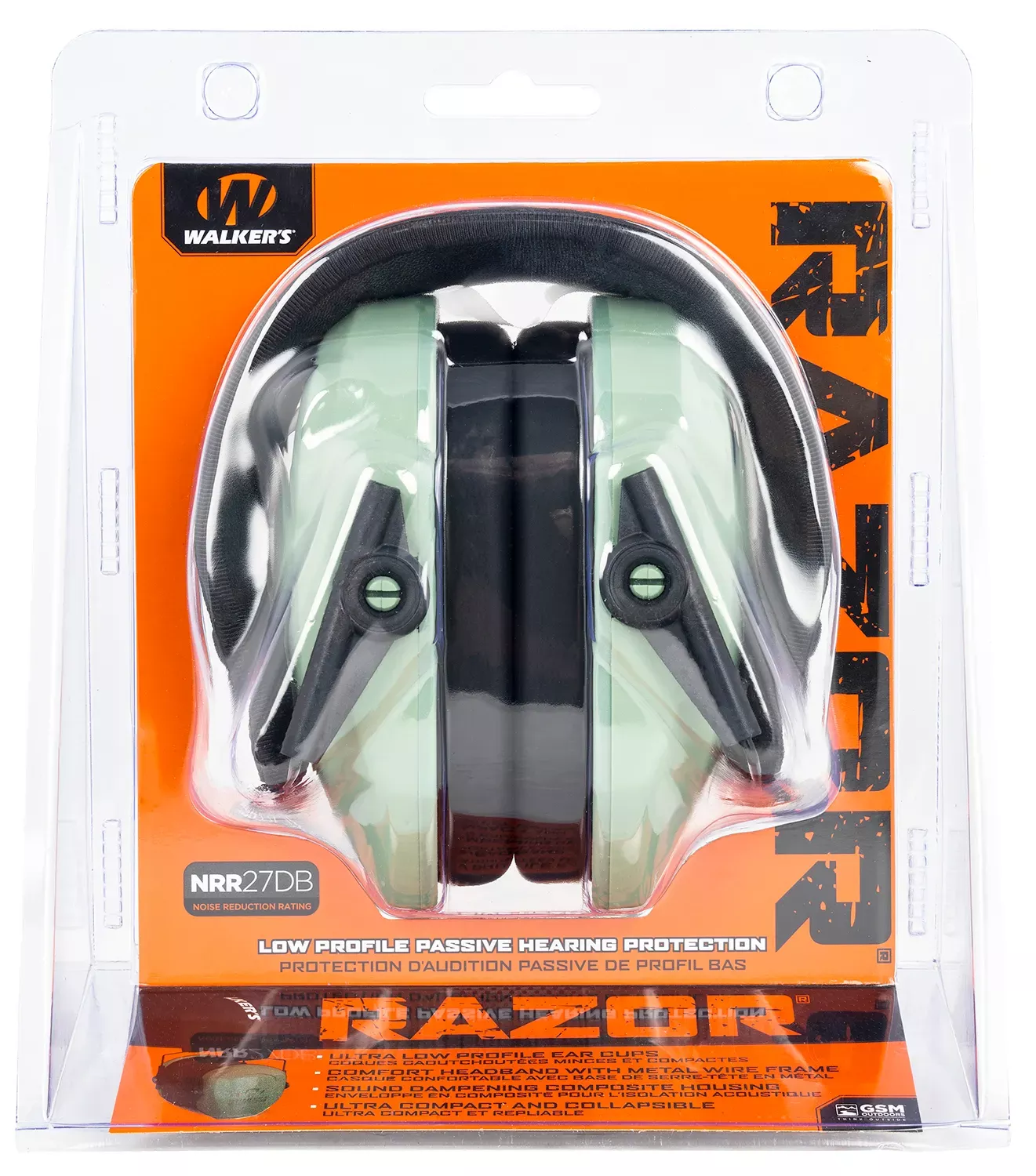Walker's Razor Slim Passive Muff 27 dB Over the Head Polymer Sage Green Ear Cups