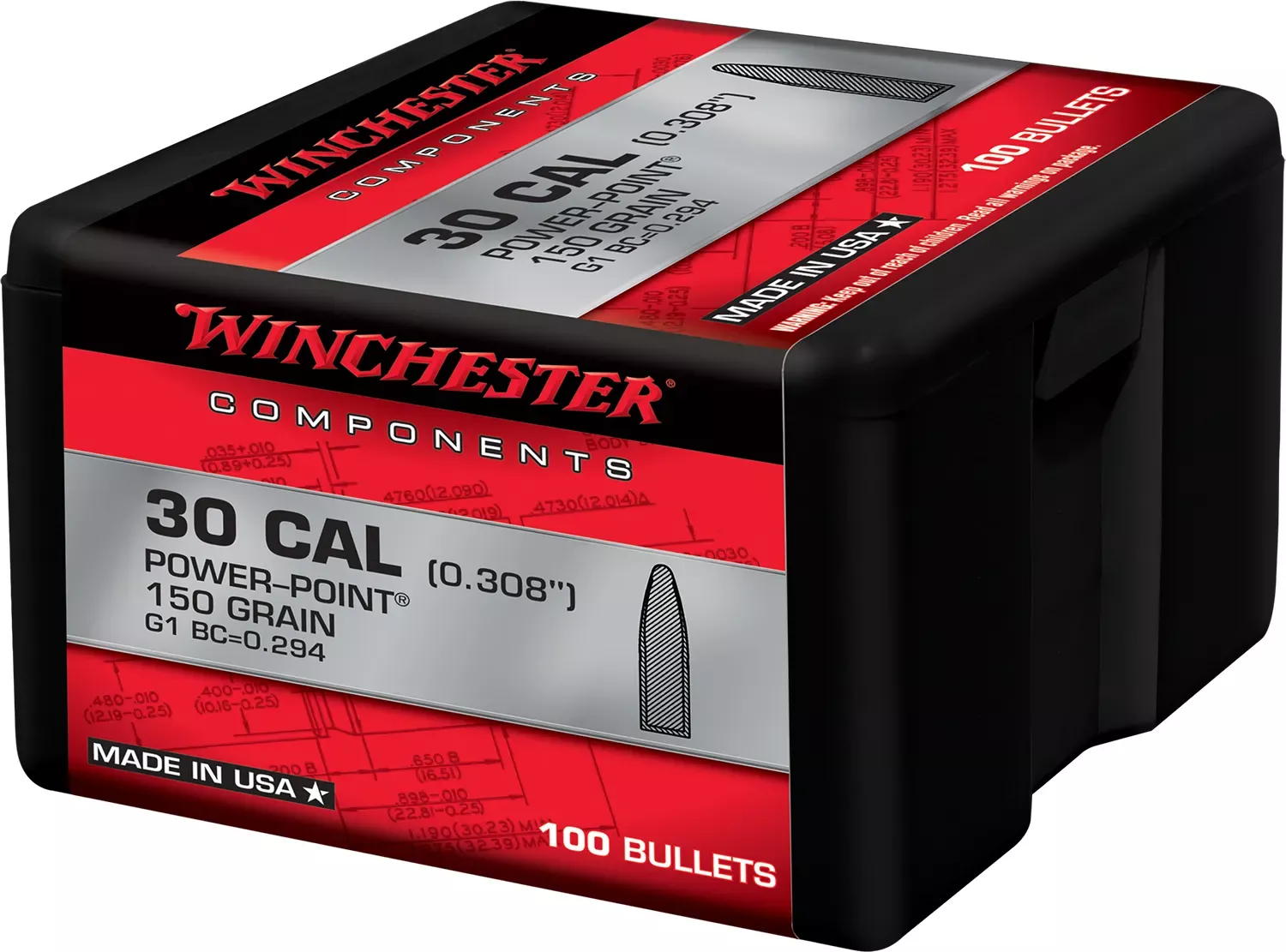 Winchester AmmoCenterfire Rifle Reloading 30 Cal .308 150 gr Power-Point (PP) 100 Per Box